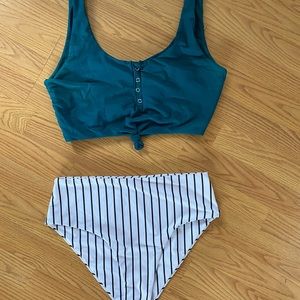 XL bikini set, teal top and striped bottoms
